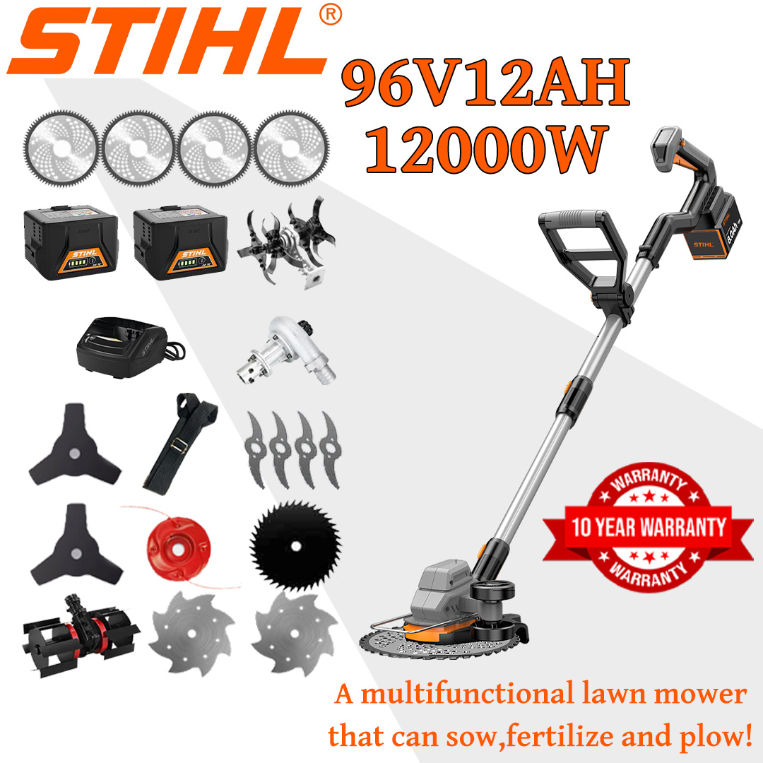 [Modelo Deluxe mejorado/Muy recomendado] Cortadora de césped (12000w96V12AH) + Pantalla eléctrica + Cabezal inclinable *1 + Rueda de zanja *1 + Cuchilla de aleación *4 + Cuchilla de sierra de aleación *4 + Cabezal de sierra de aleación *1 + Cuchilla con tres cuchillas *2 + Cuchilla antiinterferencias *1 + Cuchilla de acero *2 + Quitanieves *1 + Cargador + Batería *2 + Correa *1 + Otros accesorios + 10 años de garantía