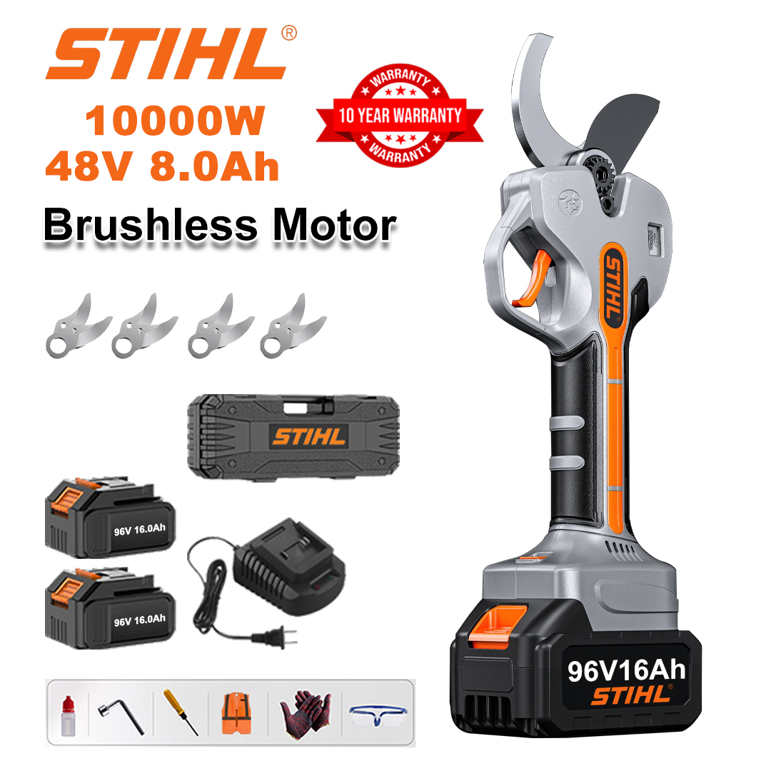 Tijeras de podar de litio sin escobillas de 10 000 W + 2 baterías de 48 V y 8 Ah + 4 cuchillas de aleación Sk9 + Cargador + Pantalla LED de potencia + Caja de herramientas + Aceite lubricante + Gafas protectoras + Garantía de 10 años