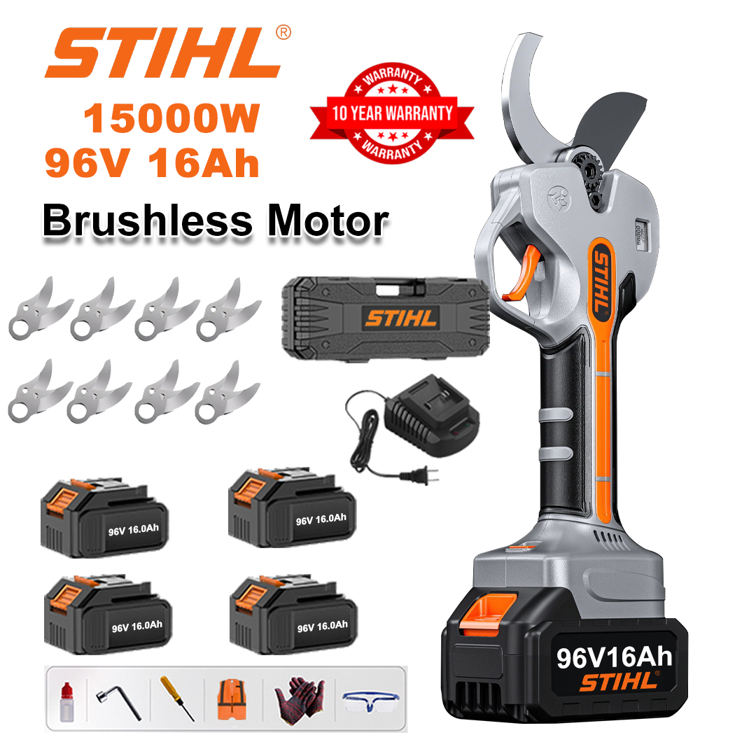 Tijeras de podar de litio sin escobillas de 15000 W + Batería de 96 V 16 Ah * 4 + Hoja de aleación Sk9 * 8 + Cargador + Pantalla LED de potencia + Caja de herramientas + Aceite lubricante + Gafas protectoras + Garantía de 10 años