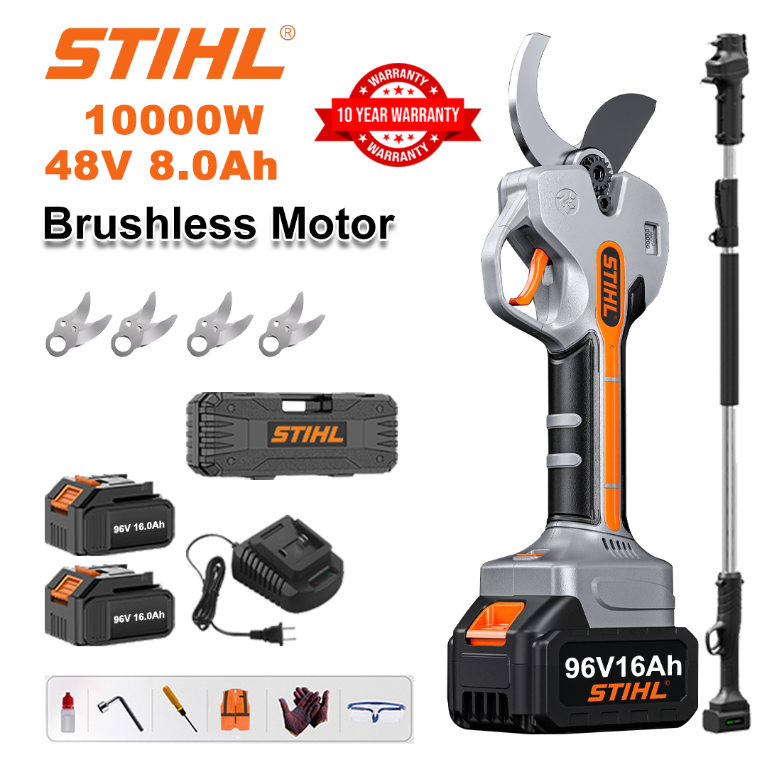 [Varilla de extensión de 1,5 a 5 m] Tijeras de podar de batería de litio sin escobillas de 8000 W + 2 baterías de 48 V y 8 Ah + 4 cuchillas de aleación Sk9 + Cargador + Pantalla LED de potencia + Caja de herramientas + Aceite lubricante + Gafas protectoras + Garantía de 10 años