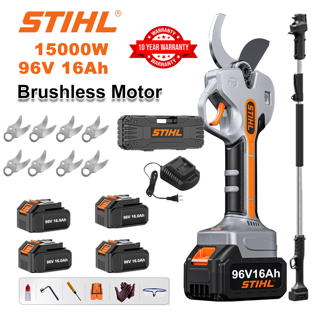 [Varilla de extensión de 1,5 a 5 m] Tijeras de podar de batería de litio sin escobillas de 15 000 W + 4 baterías de 96 V y 16 Ah + 8 cuchillas de aleación SK9 + Cargador + Pantalla LED de potencia + Caja de herramientas + Aceite lubricante + Gafas protectoras + Garantía de 10 años