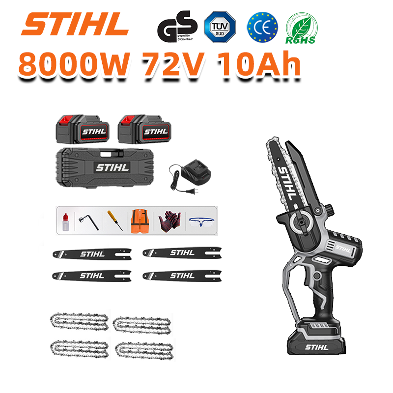 Pantalla LED (duración de la batería: 24 horas). Sierra eléctrica de iones de litio de 8 pulgadas y 8000 W + baterías de 72 V y 10,0 Ah (2) + cargador (1) + cadenas (4) + rieles guía (4)
