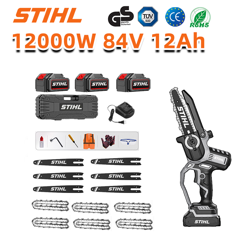 Pantalla LED (duración de la batería: 36 horas). Sierra eléctrica de iones de litio de 8 pulgadas y 12 000 W + baterías de 84 V y 12 Ah (3) + cargador (1) + cadenas (6) + rieles guía (6)