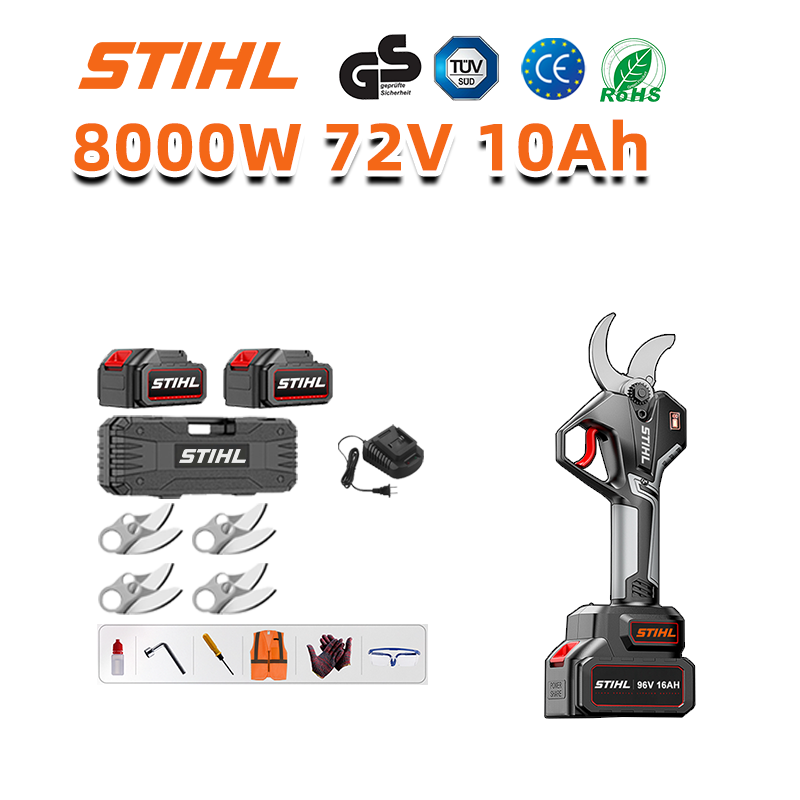Pantalla LED (duración de la batería: 24 horas). Tijeras de jardín de litio de 8 pulgadas y 8000 W + baterías de 72 V y 10,0 Ah (2) + cargador (1) + 4 cuchillas de aleación SK9 (4)