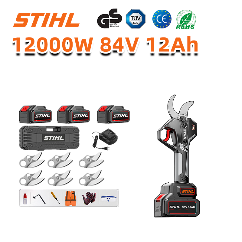 Pantalla LED (duración de la batería: 36 horas). Tijeras de jardín de litio de 8 pulgadas y 12 000 W + baterías de 84 V y 12 Ah (3) + cargador (1) + 4 baterías + 6 cuchillas de aleación SK9